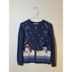 Croft & Barrow Womens Blue Snowman Snowflake Winter Zip Up Sweater Size S